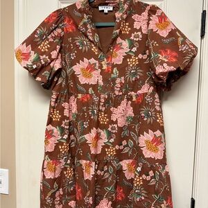 THML Brown Floral Dress with Pink and Green Accents